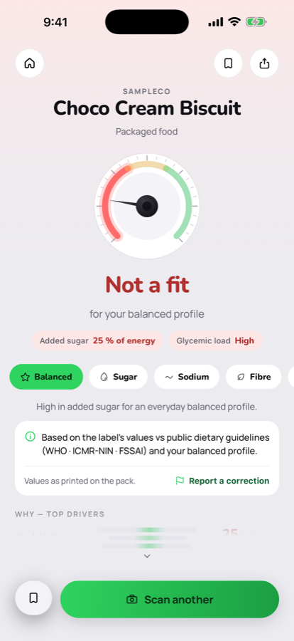 Inra's verdict dial and the lens chips: Balanced, Sugar, Sodium, Fibre